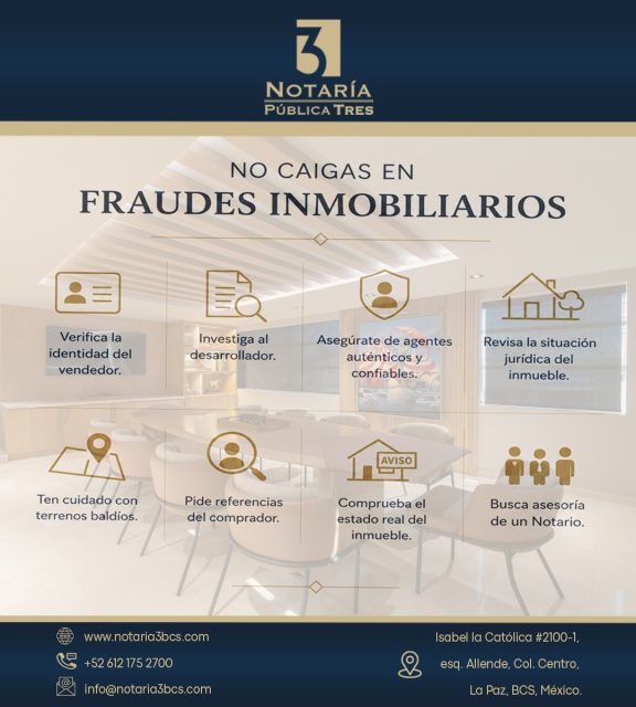 🚨 Evita fraudes inmobiliarios 🏠
✔️ Verifica al vendedor
✔️ Revisa la situación legal del inmueble
✔️ Pide referencias
✔️ Busca asesoría notarial
Protege tu patrimonio con información y respaldo profesional.
📍 Isabel la Católica #2100-1, Esq. Allende, Col. Centro
🕐 Lunes a Viernes | 9:00 a 17:00 h
#FraudesInmobiliarios #Notaría3BCS #BienesRaíces #Patrimonio #LaPazBCS #SeguridadJurídica