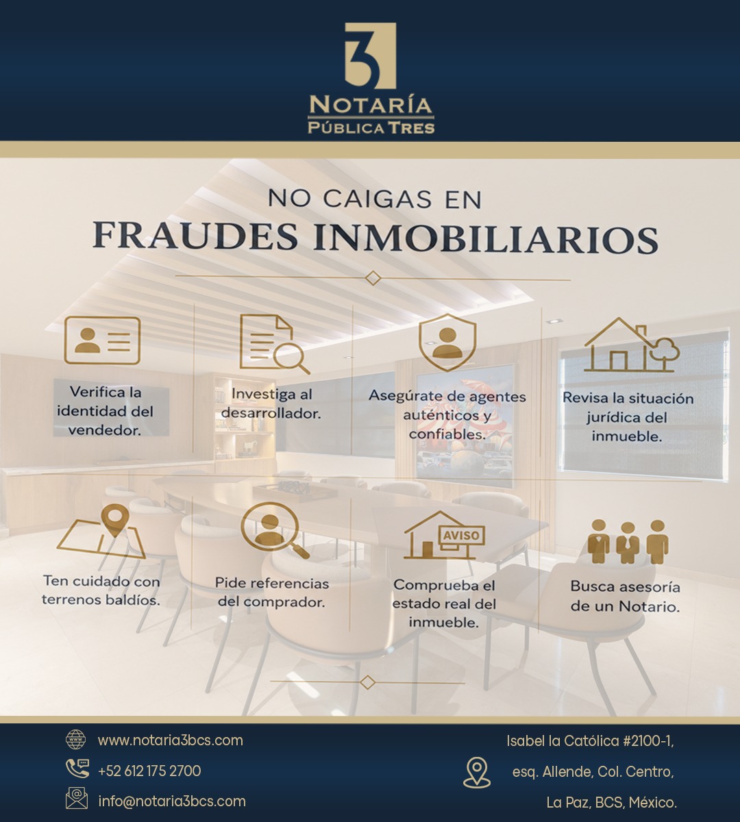 🚨 Evita fraudes inmobiliarios 🏠
✔️ Verifica al vendedor
✔️ Revisa la situación legal del inmueble
✔️ Pide referencias
✔️ Busca asesoría notarial
Protege tu patrimonio con información y respaldo profesional.
📍 Isabel la Católica #2100-1, Esq. Allende, Col. Centro
🕐 Lunes a Viernes | 9:00 a 17:00 h
#FraudesInmobiliarios #Notaría3BCS #BienesRaíces #Patrimonio #LaPazBCS #SeguridadJurídica