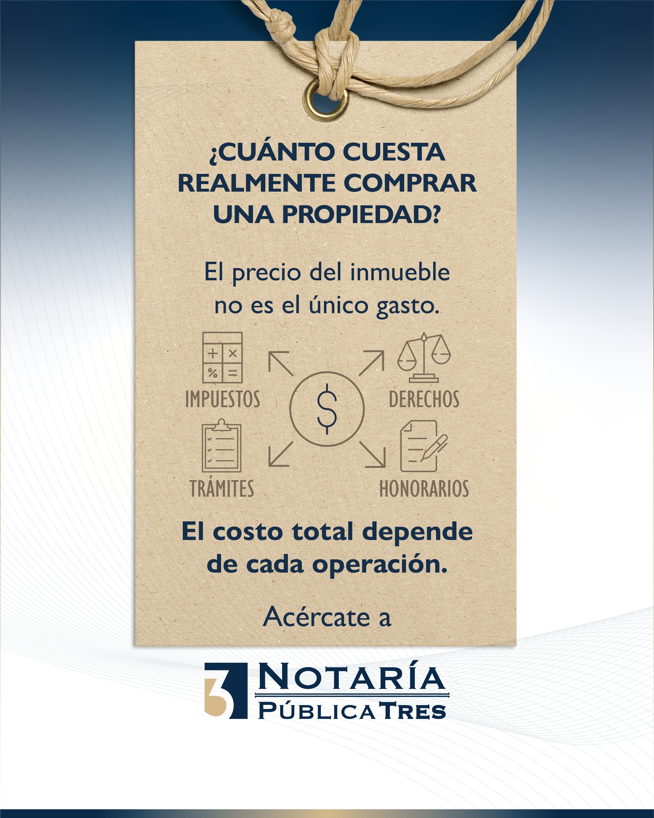 🏠 EL PRECIO DE LA PROPIEDAD NO ES NECESARIAMENTE EL COSTO TOTAL

Al realizar una compraventa pueden existir otros gastos, como:

💰 Impuestos
📑 Derechos y trámites
⚖️ Honorarios notariales
📋 Otros conceptos relacionados con la operación

¿Cuánto vas a pagar? Depende.

Cada compraventa es diferente y el costo puede variar según el inmueble, su valor, los trámites necesarios y las circunstancias de la operación.

👉 Antes de comprar, acércate a notaría y conoce qué gastos pueden aplicar a tu caso.

#Notaría3BCS #LaPazBCS #BienesRaíces #Compraventa
