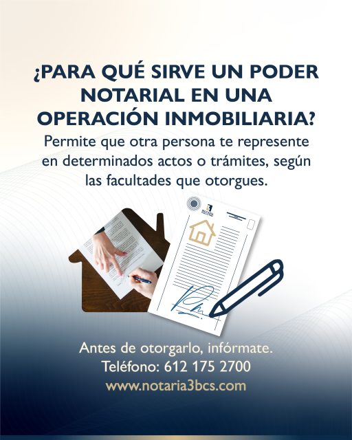 🏠 ¿Necesitas que alguien te represente en un trámite inmobiliario?

Un poder notarial puede facilitar determinados actos o gestiones cuando no puedes realizarlos personalmente.

⚖️ Las facultades que otorgues determinan qué podrá hacer esa persona. Infórmate antes de firmar.

📍 Notaría Pública Tres BCS | La Paz, B.C.S.
📞 612 175 2700

#Notaría3BCS #PoderNotarial #BienesInmuebles #LaPazBCS #CertezaJurídica
