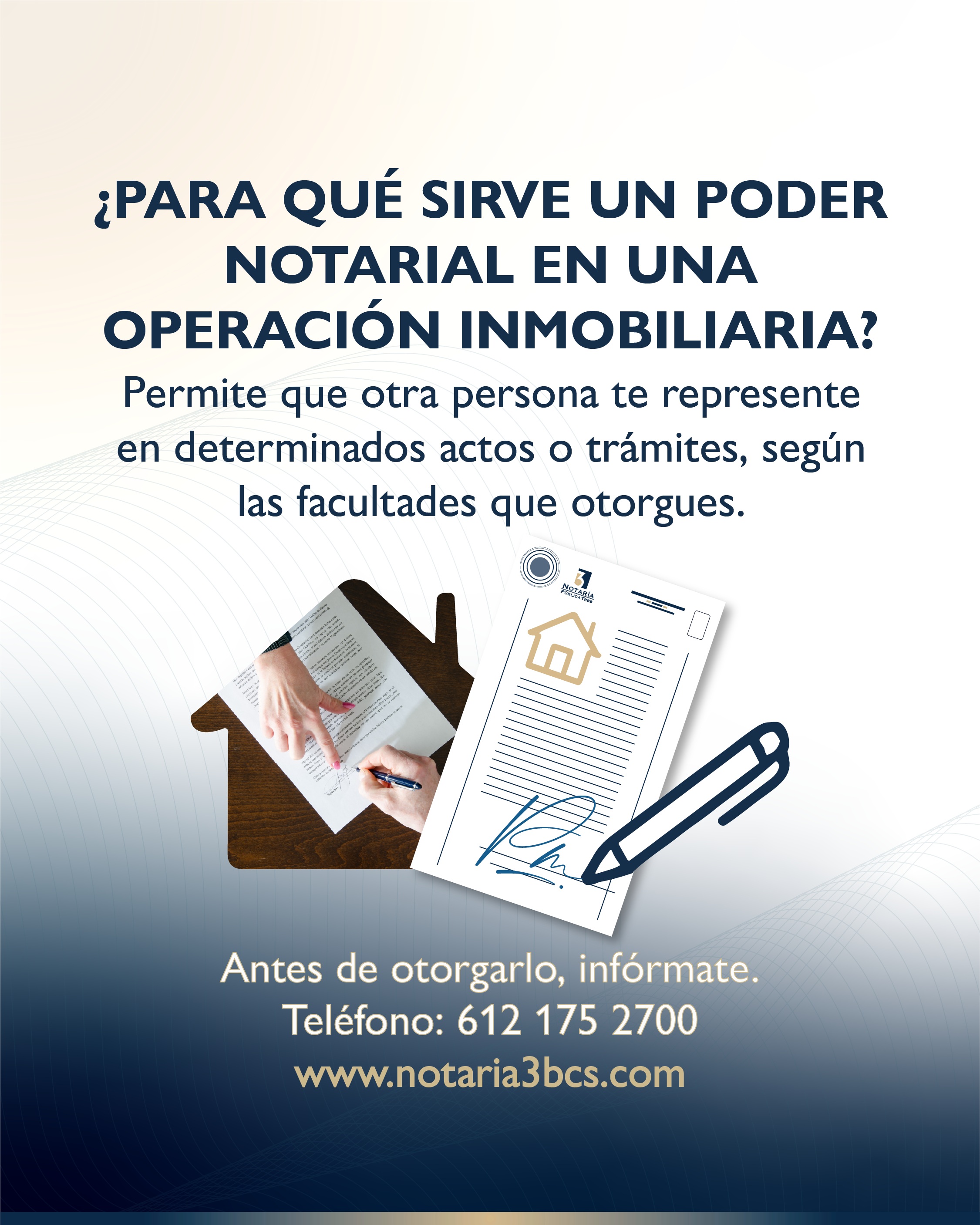 🏠 ¿Necesitas que alguien te represente en un trámite inmobiliario?

Un poder notarial puede facilitar determinados actos o gestiones cuando no puedes realizarlos personalmente.

⚖️ Las facultades que otorgues determinan qué podrá hacer esa persona. Infórmate antes de firmar.

📍 Notaría Pública Tres BCS | La Paz, B.C.S.
📞 612 175 2700

#Notaría3BCS #PoderNotarial #BienesInmuebles #LaPazBCS #CertezaJurídica
