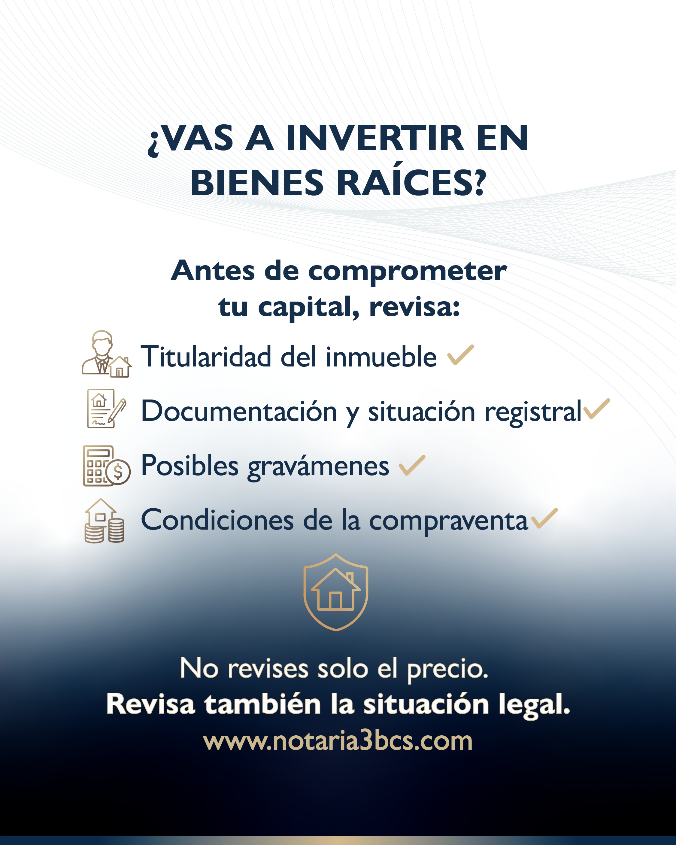 🏠 ¿PIENSAS INVERTIR EN BIENES RAÍCES?

Antes de comprometer tu capital, revisa algo más que el precio y la ubicación.

📑 ¿Quién es el propietario?
📃 ¿La documentación está en orden?
⚖️ ¿Existen gravámenes u otras situaciones jurídicas que debas conocer?
✍️ ¿Están claras las condiciones de la compraventa?

Una buena inversión también requiere revisar la situación legal del inmueble antes de firmar.

Infórmate antes de invertir. Acércate a Notaría Pública Tres BCS.

📞 612 175 2700 | 🌐 Link en nuestra bio.

#Notaría3BCS #InversiónInmobiliaria #BienesRaíces #LaPazBCS #CertezaJurídica